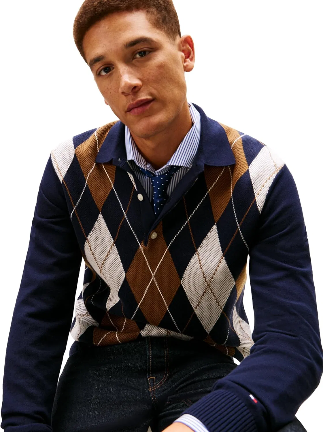 Tommy Hilfiger мужской хлопковый пуловер-поло с длинным рукавом в узоре аргайл, Desert Sky — фото 2