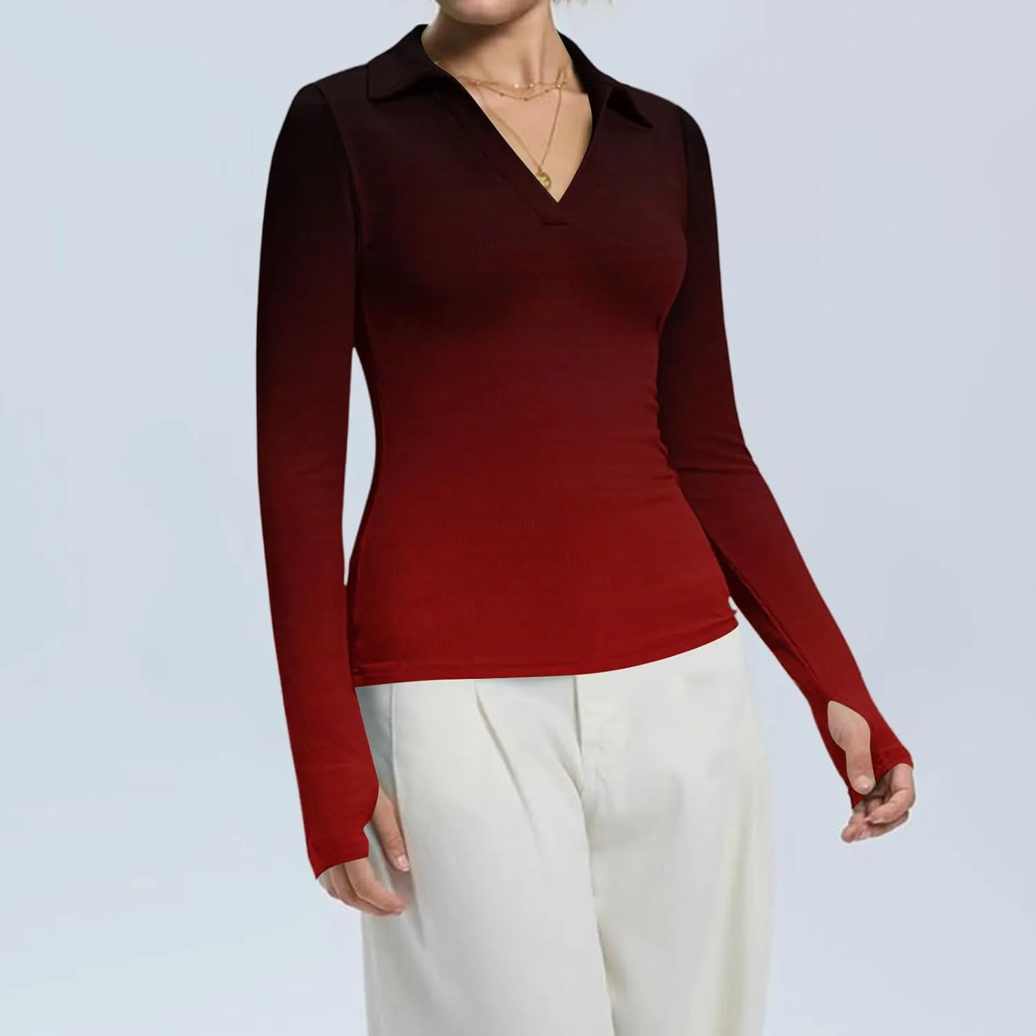 Женский топ с длинным рукавом V-образным вырезом, рифленая вязка, Slim Fit — фото 4