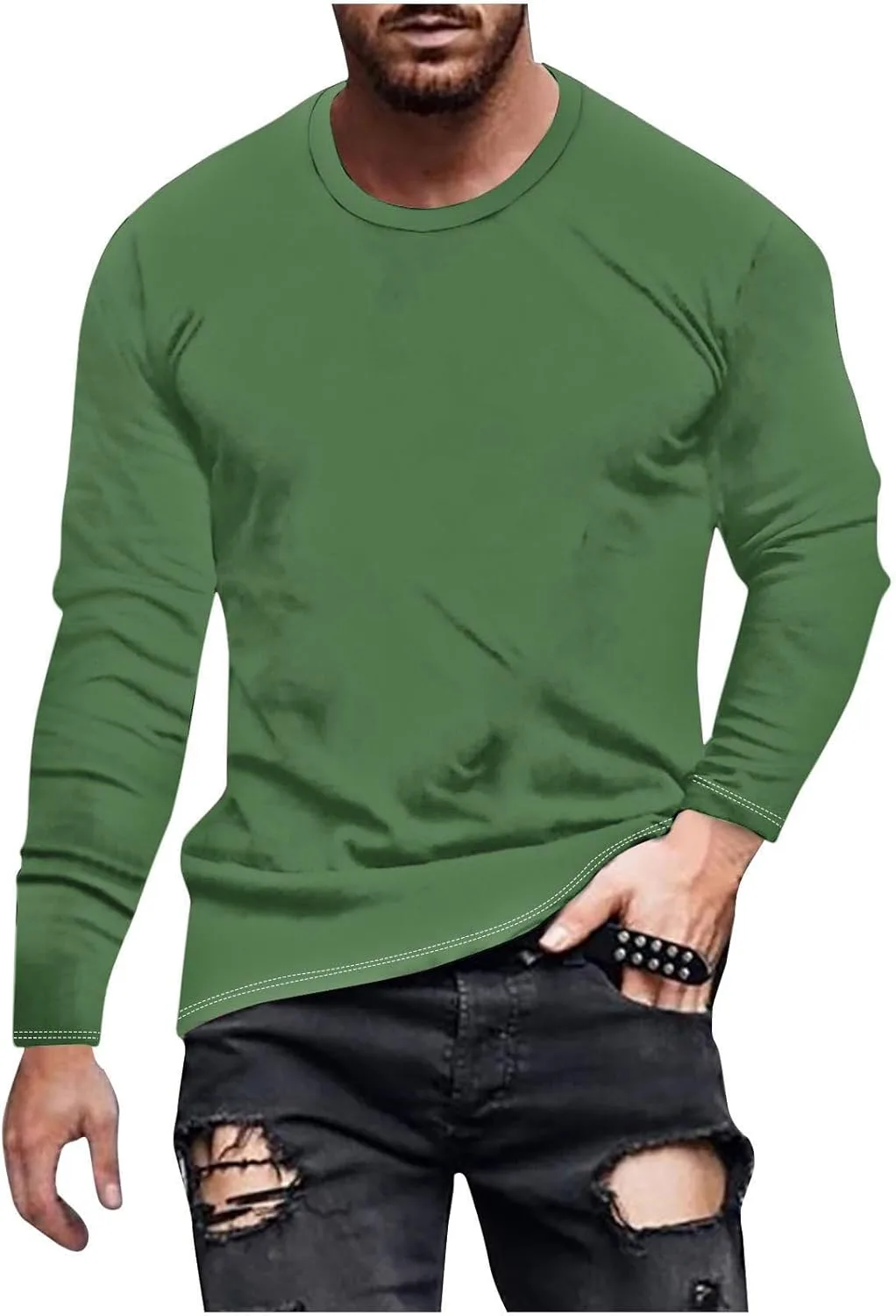 

Футболка с длинным рукавом для мужчин Basic Solid Athletic Gym Pullover Loose Fit Plus Size Crewneck