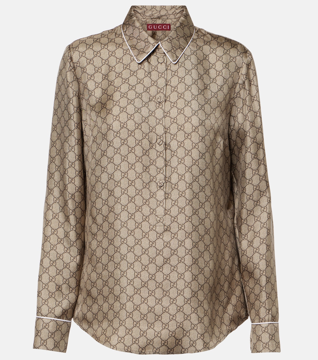 Рубашка из шелкового твила с GG Gucci, Camel/Ebony/Mc