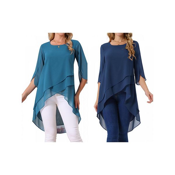 

2 упаковки женской блузки с асимметричным низом и круглым вырезом из шифона Inspire Chic, Peacock Blue Dark Blue