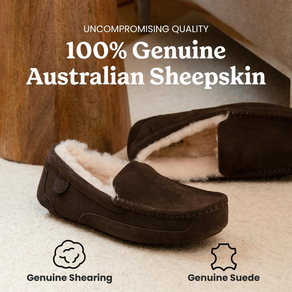 Мужские мокасины Fireside By Dearfoams Melbourne из натуральной овчины, лоферы из пеноматериала с эффектом памяти, домашние тапочки без шнурков, Coffee — фото 3