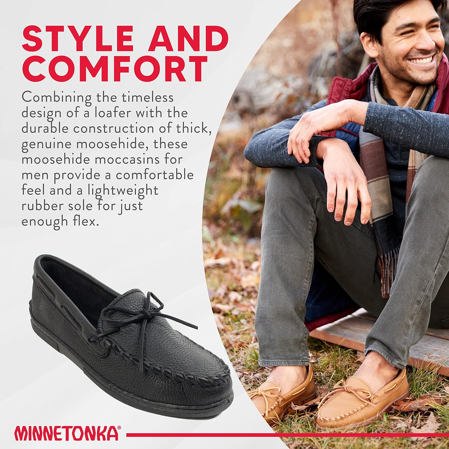Мокасины Minnetonka для мужчин из оленьей кожи Moosehide, черный — фото 4