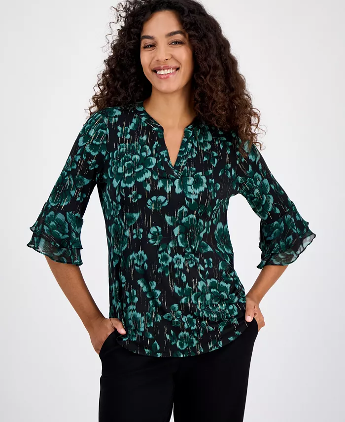 

Женская блузка с цветочным принтом, разрезом на горловине и расклешенными рукавами Kasper, черный