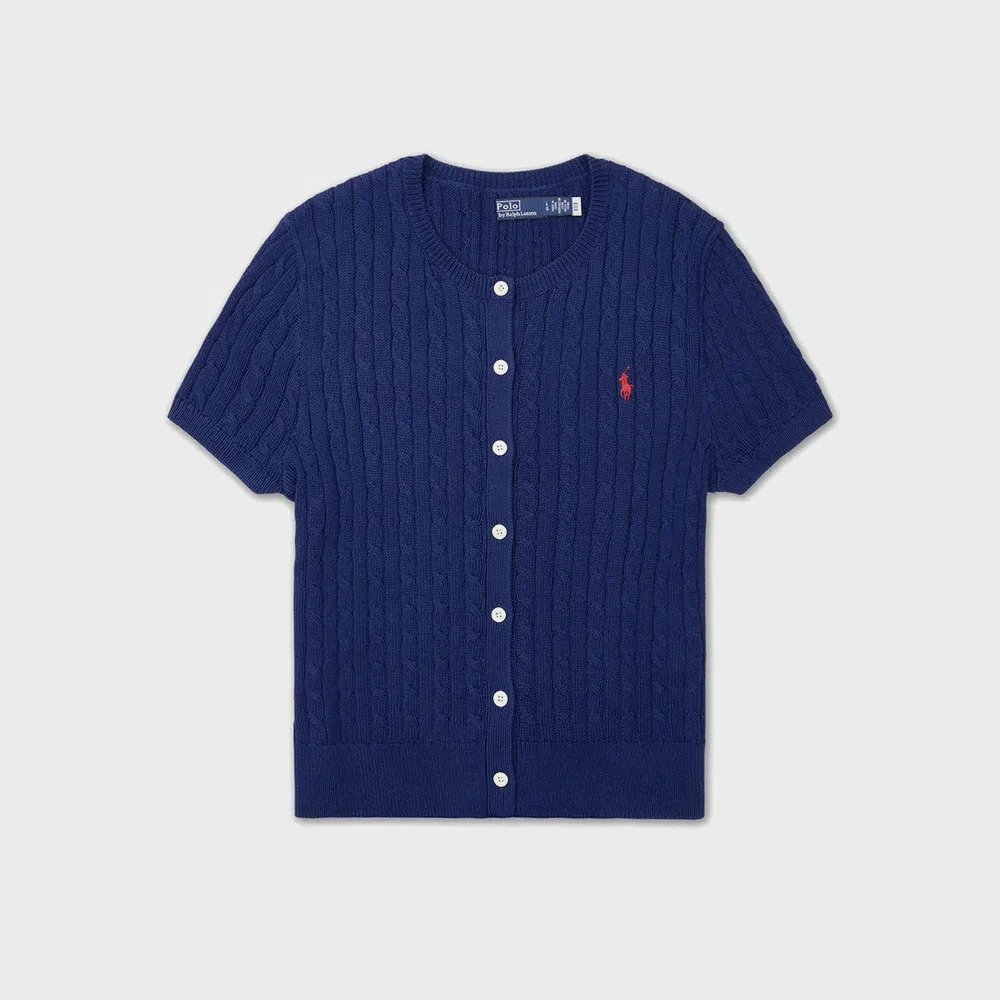 Женский хлопковый кардиган с коротким рукавом синего цвета от Polo Ralph Lauren