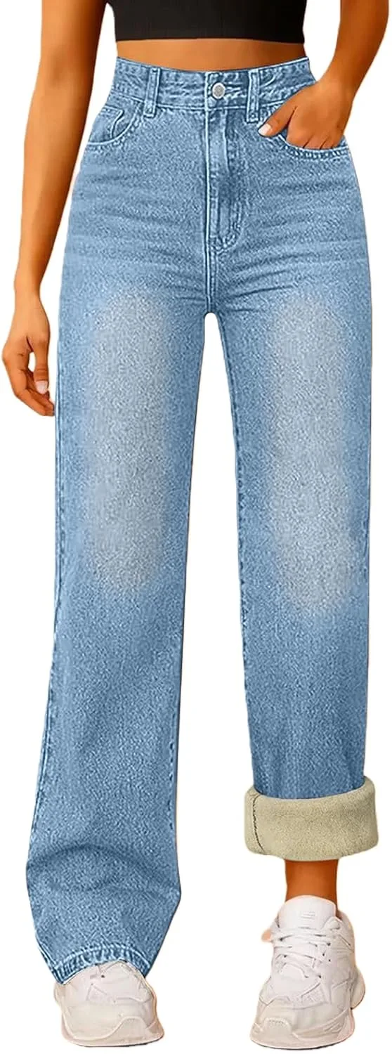 

2026 Fleece Lined Jeans Women High Slim Fit Waisted Straight Leg Denim Pants Winter Stretchy Jeans Thermal Warm Denim Pants