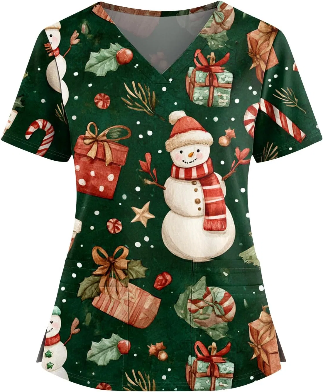 Медицинский топ с V-образным вырезом, Christmas Printed, 1-dark Green