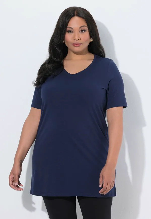 

Базовая футболка с коротким рукавом и v-образным вырезом Ulla Popken, Marine, Синий, Базовая футболка с коротким рукавом и v-образным вырезом Ulla Popken, Marine