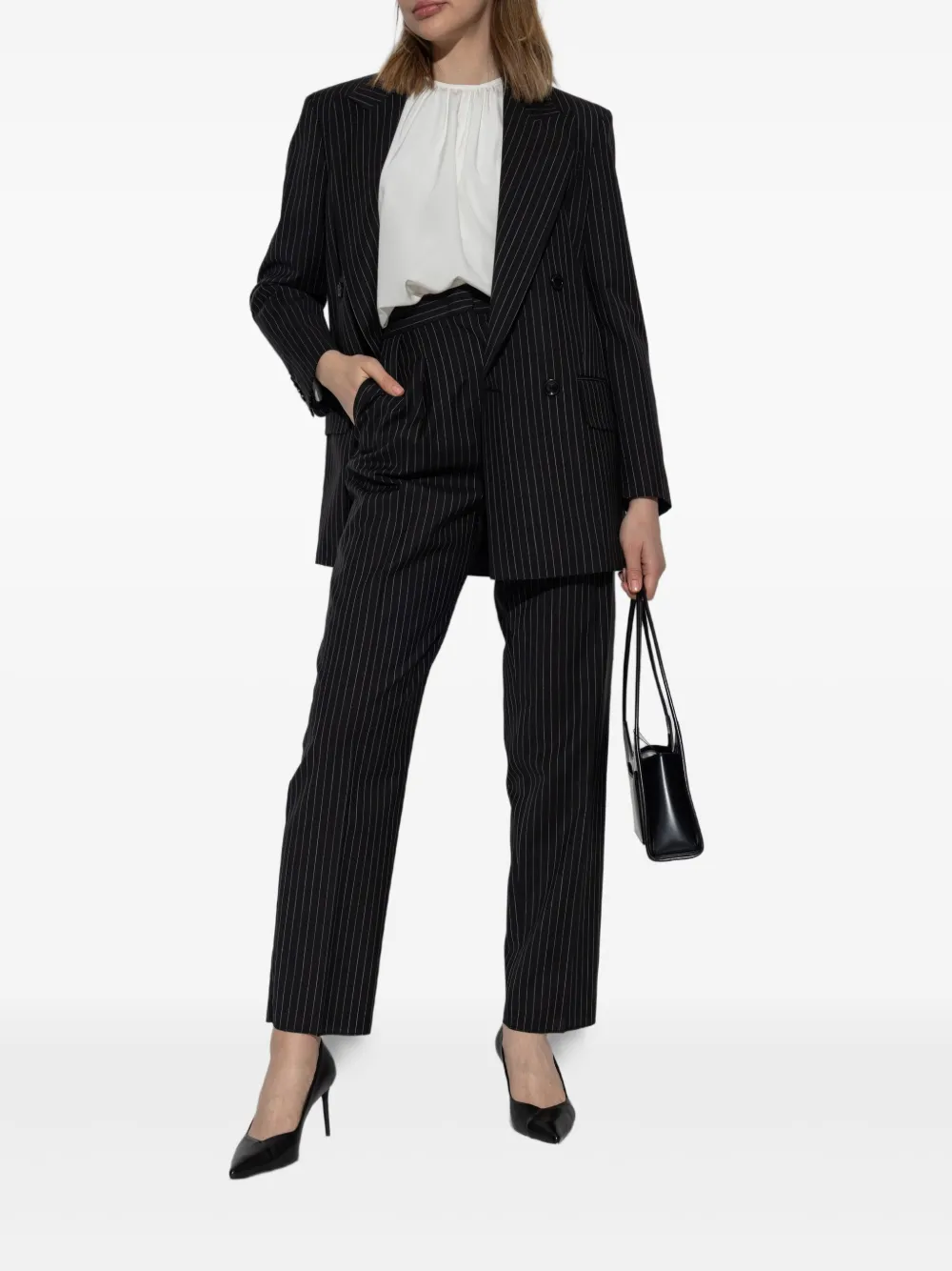 Двубортный пиджак в тонкую полоску MAX MARA, черный — фото 2