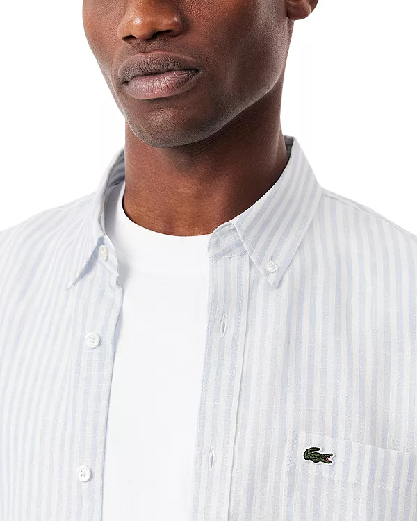 Льняная рубашка прямого кроя на пуговицах Lacoste, синий — фото 4