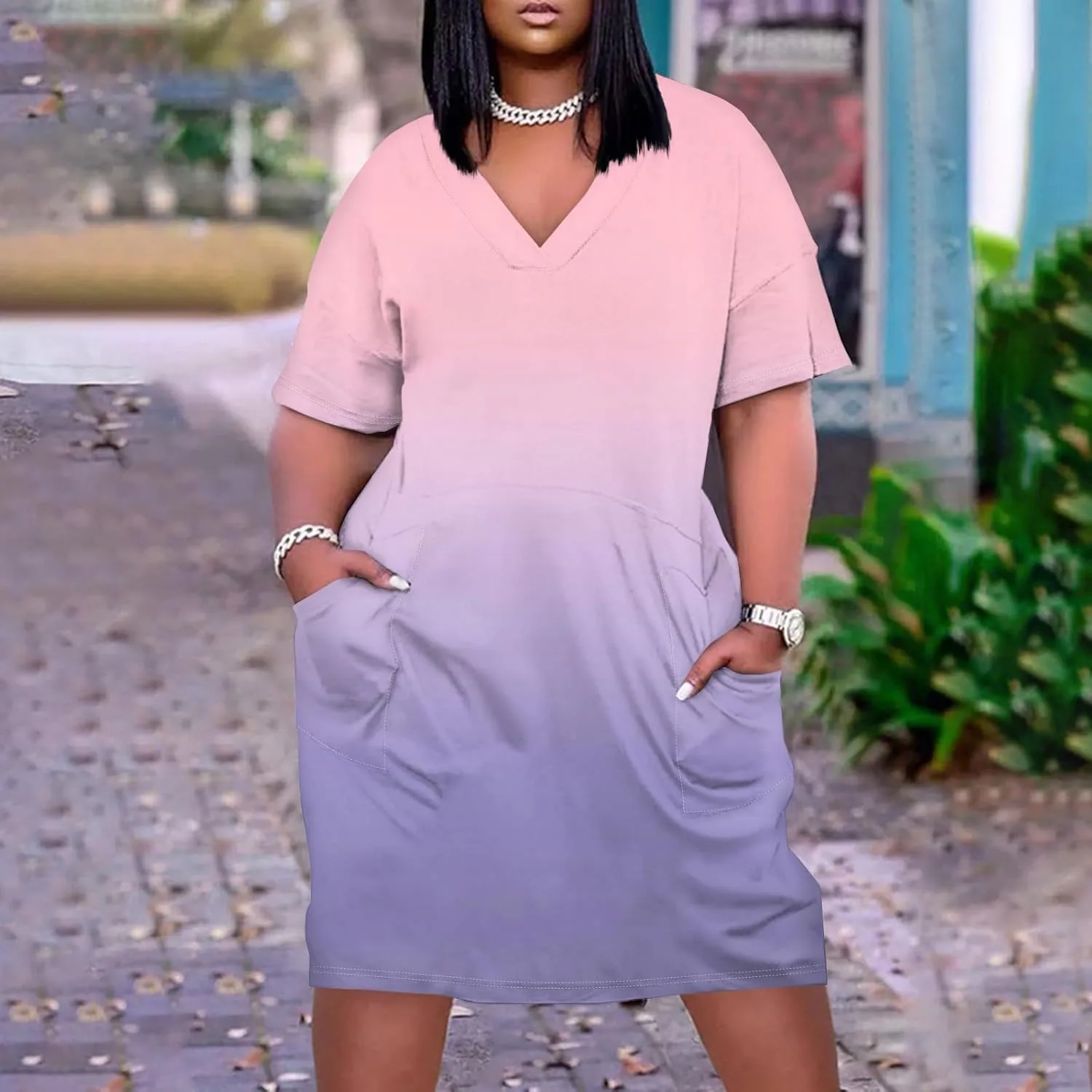 Футболка-платье Women Oversized Plus Size свободного кроя с V-образным вырезом и коротким рукавом, ночная сорочка Casual Midi Generic, светло-розовый — фото 2