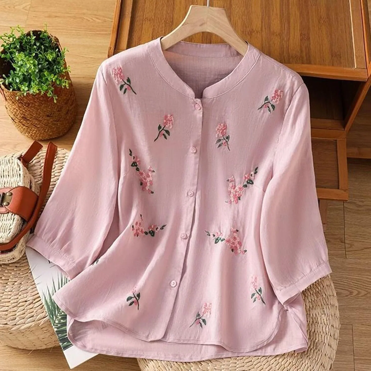 Блуза с вышивкой, из хлопка и льна, Oversize T-Shirt, фиолетовый — фото 3