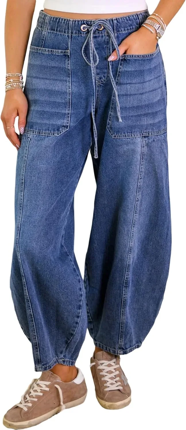 

Женские джинсы с эластичным поясом и завязками, мешковатые, широкие, с четырьмя карманами MBZJSDKHLK