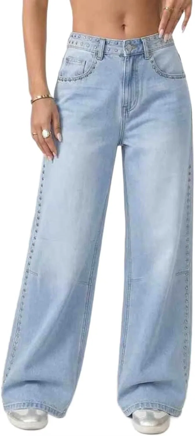 Активные брюки Women's Vintage Washed Jeans High Waist Studded Embellished Casual Trousers Loose Trendy Denim Pants with Pockets, Light Blue