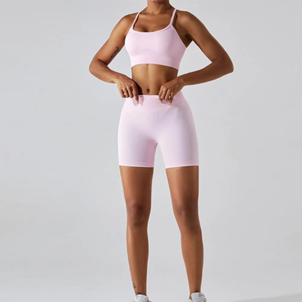 Женский спортивный комплект из топа и шорт, бесшовный, Pink — фото 3