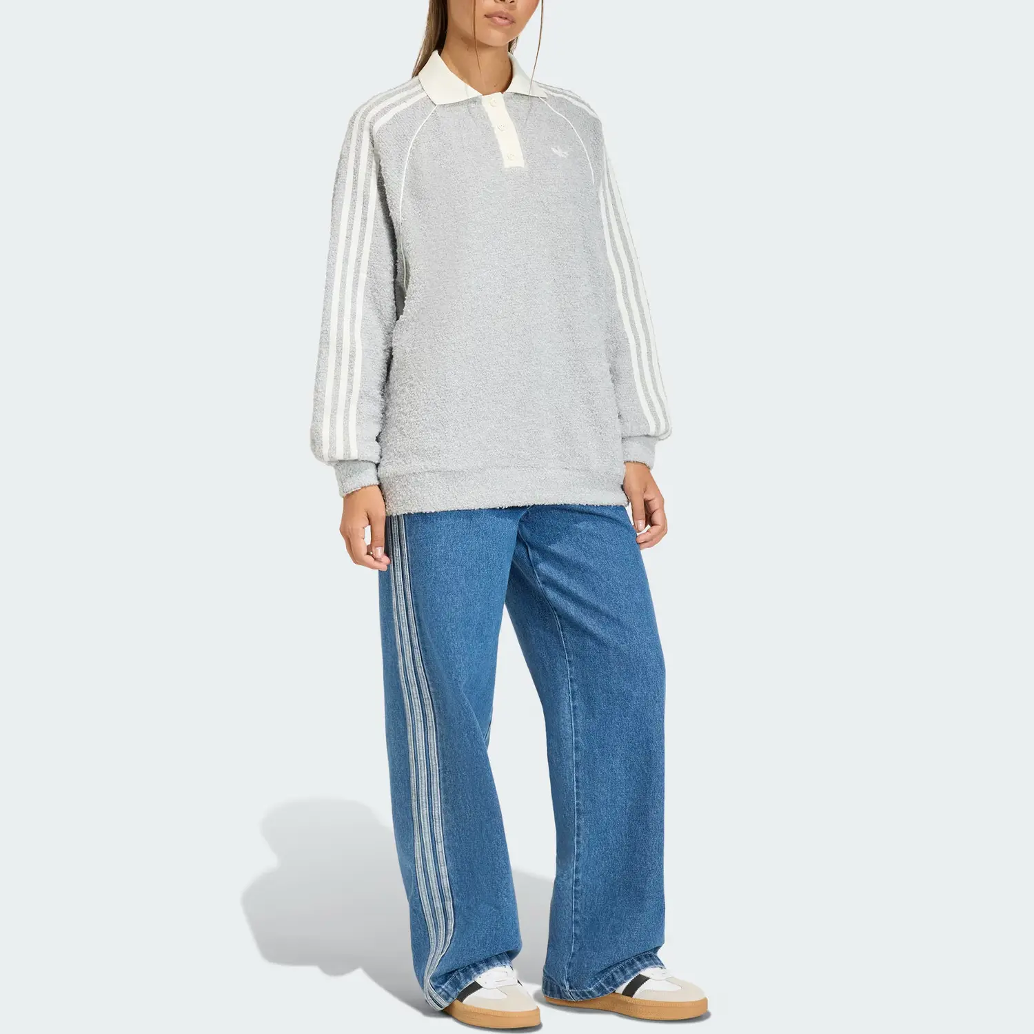 Футболка поло FW25 Boucle женская Adidas Originals, светло-серый/белый — фото 4