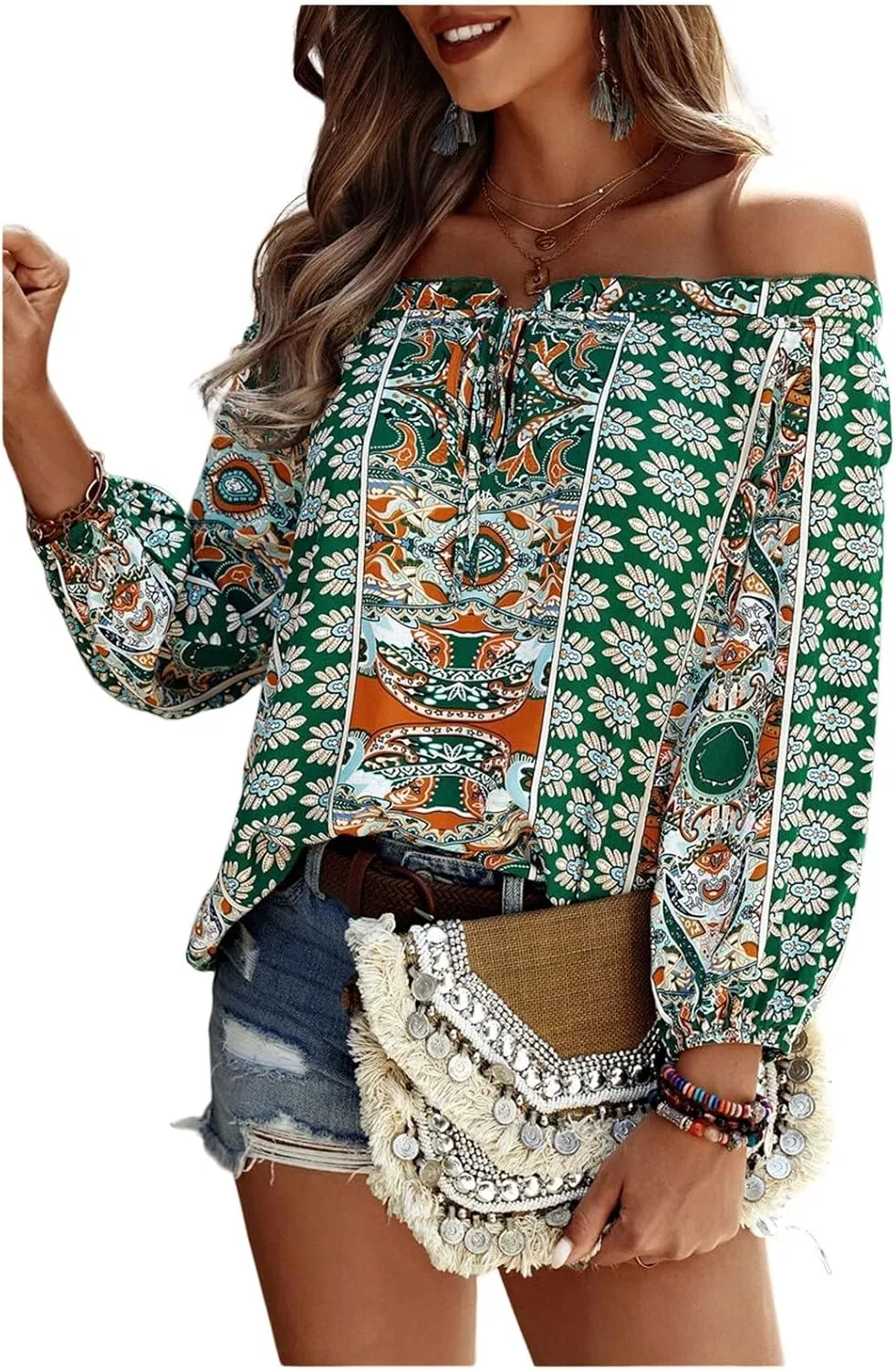 Блуза с цветочным принтом, off shoulder, QREXVOG, зеленый