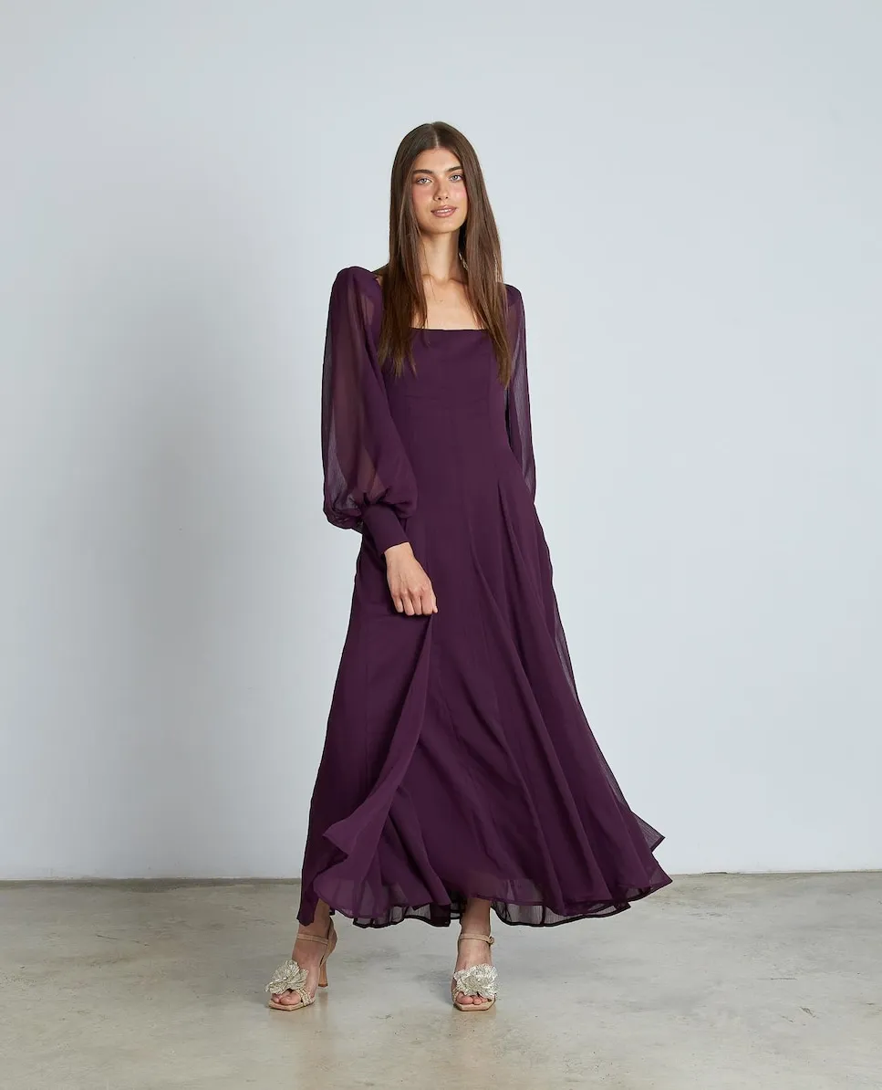 

Длинное платье с полупрозрачными рукавами-буфами и длинной расклешенной юбкой Alma en Pena, фиолетовый