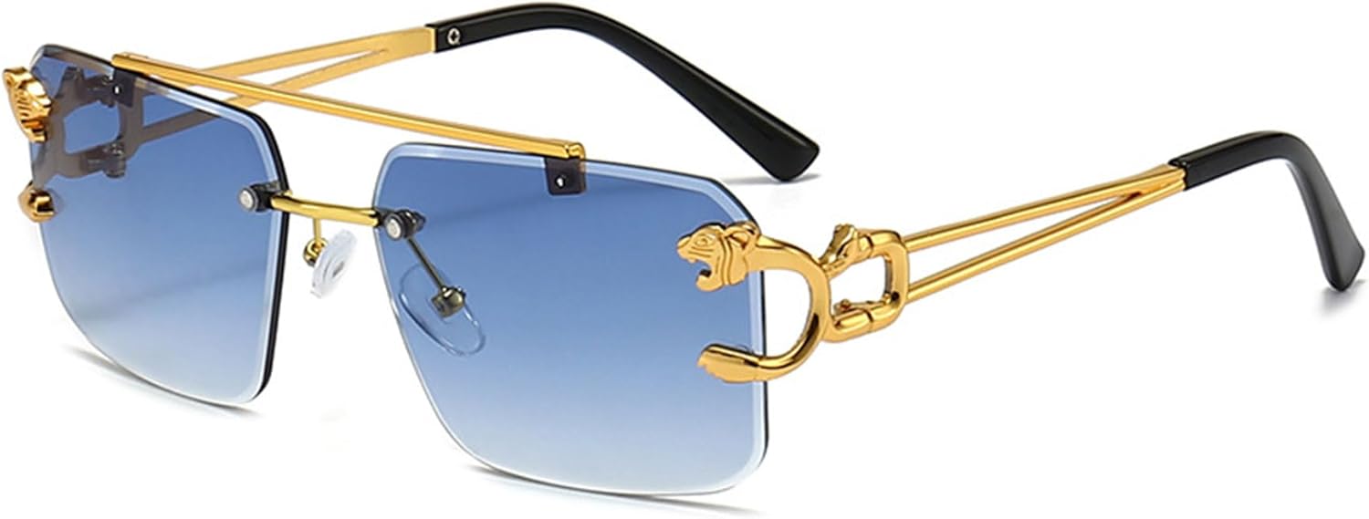 

Квадратные солнцезащитные очки без оправы для мужчин и женщин, линзы с алмазной огранкой и тонировкой, прямоугольные металлические солнцезащитные очки-пилот без оправы ALKAHE, Gradient Blue Lens