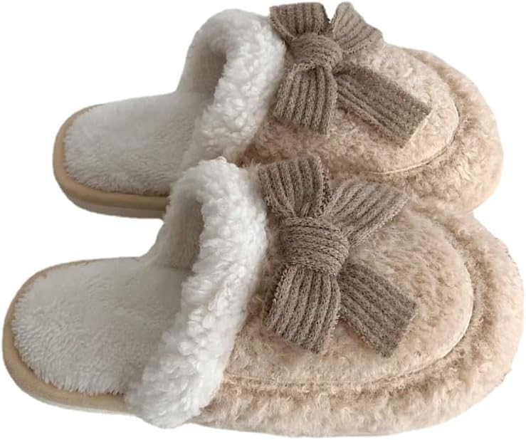 

Милые винтажные домашние тапочки с бантиком, мягкие и пушистые, теплые домашние обувь Kawaii для женщин и мужчин Plonme, бежевый