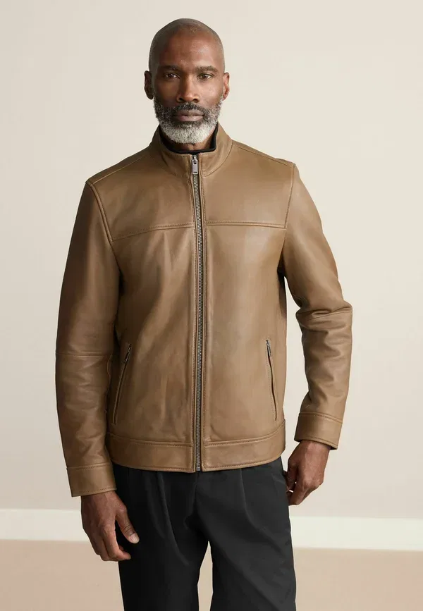 Куртка Regular fit, бренд Next, модель Signature Funnel Neck Leather Jacket, цвет коричневый нубук — фото 2