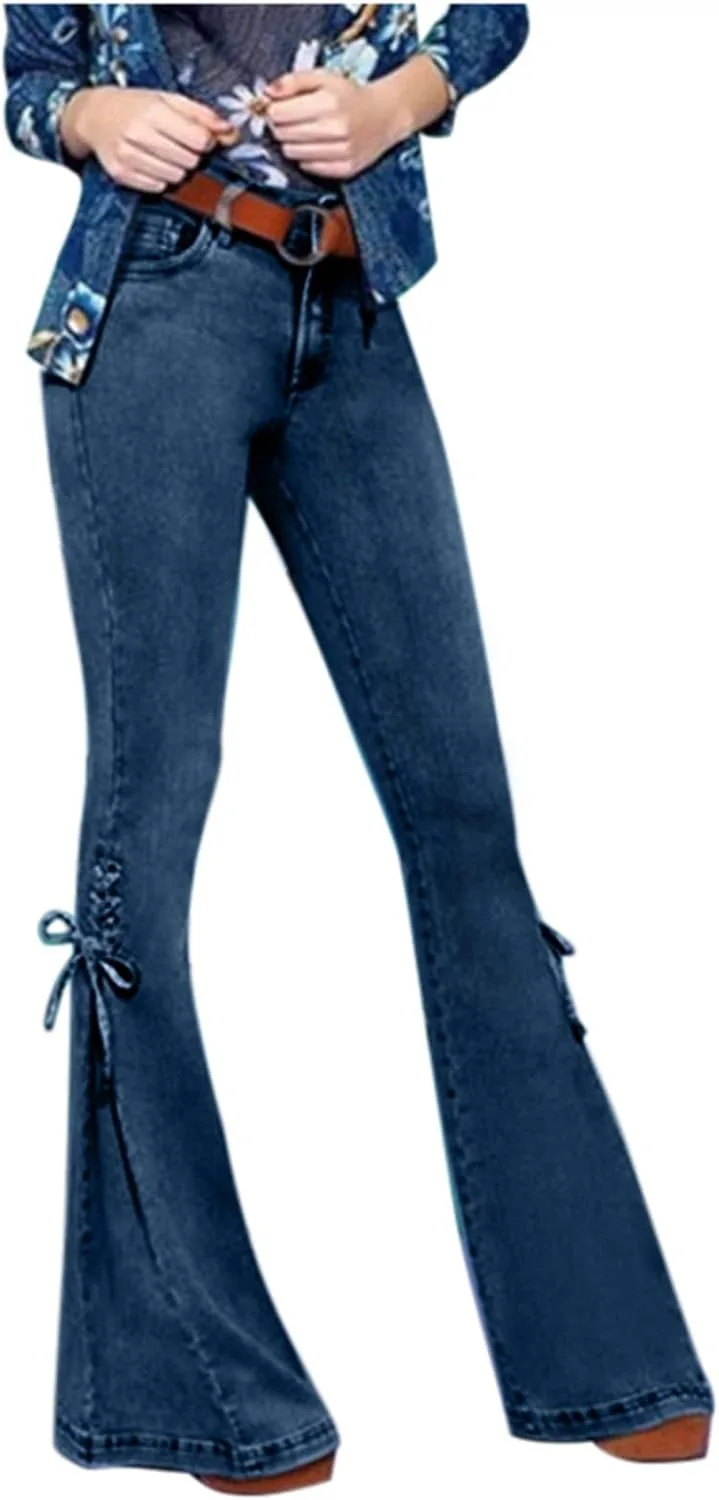 

Женские джинсы с кружевной шнуровкой bell bottom, mid waist, stretchy