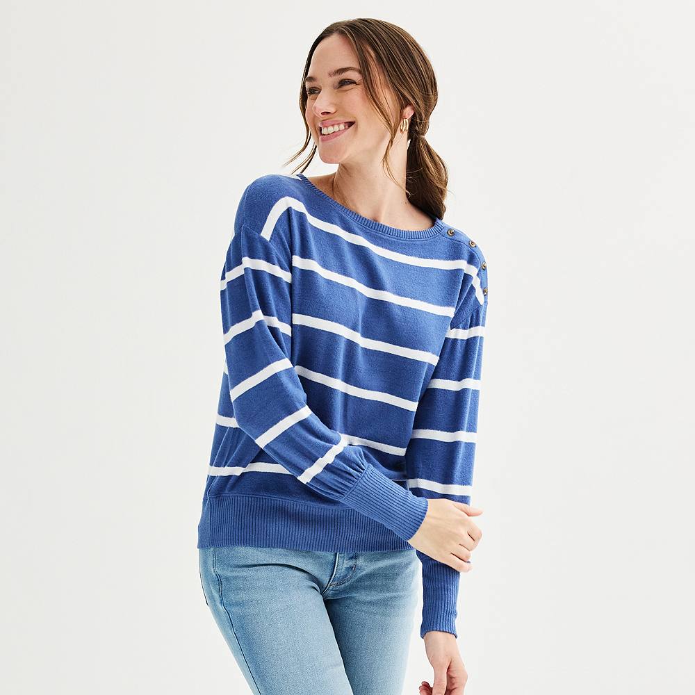 

Petite Sonoma Goods For Life Уютный пуловер на пуговицах с вырезом «лодочкой», цвет Denim Snow Stripe