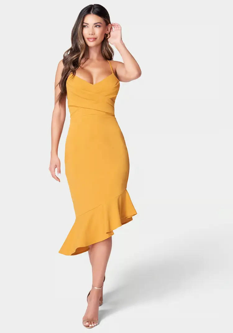 

Женское платье Bebe Crossover Flounce Scuba желтое креповое асимметричное JDM1092