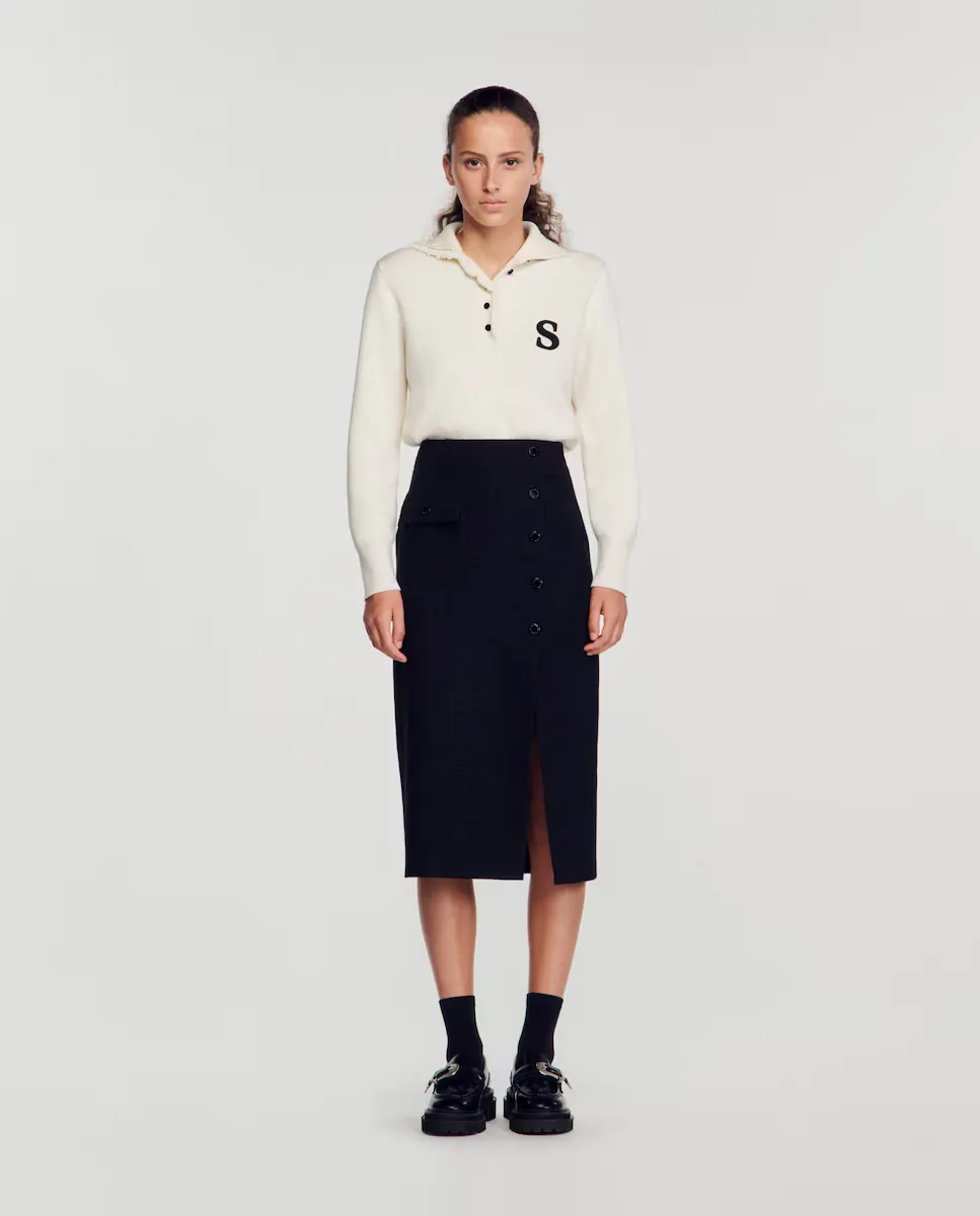 

Твидовая юбка миди с разрезом Sandro, черный