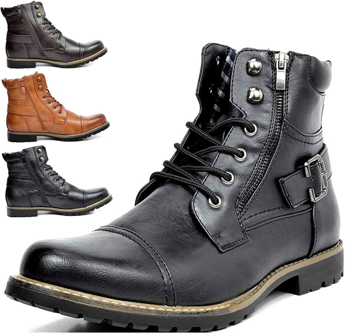 

Мужские мотоциклетные боевые ботинки с молнией, кожаные байкерские ботинки на шнуровке, ботинки до щиколотки, мужские ботинки Hhhchpm, черный