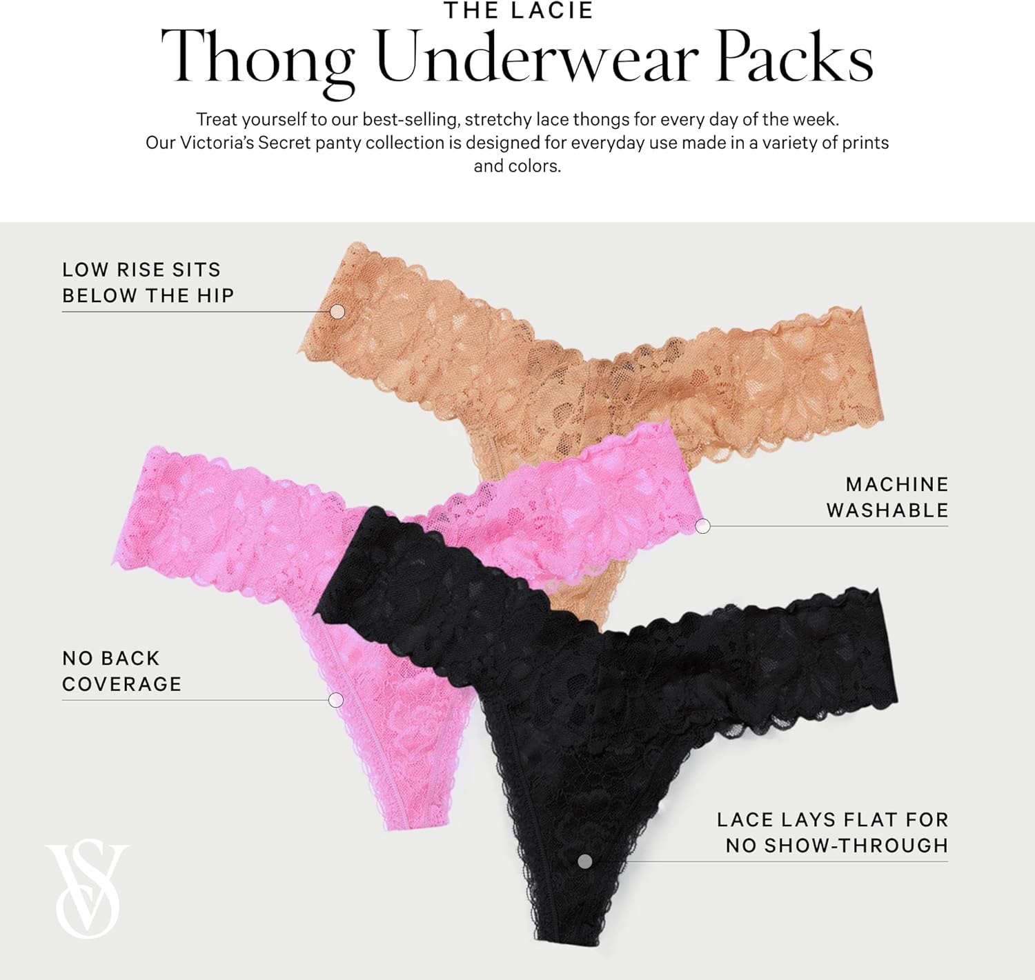 Комплект трусов Victoria's Secret Women's Lace Thong Underwear, 7 предметов, черный/бежевый/белый — фото 4