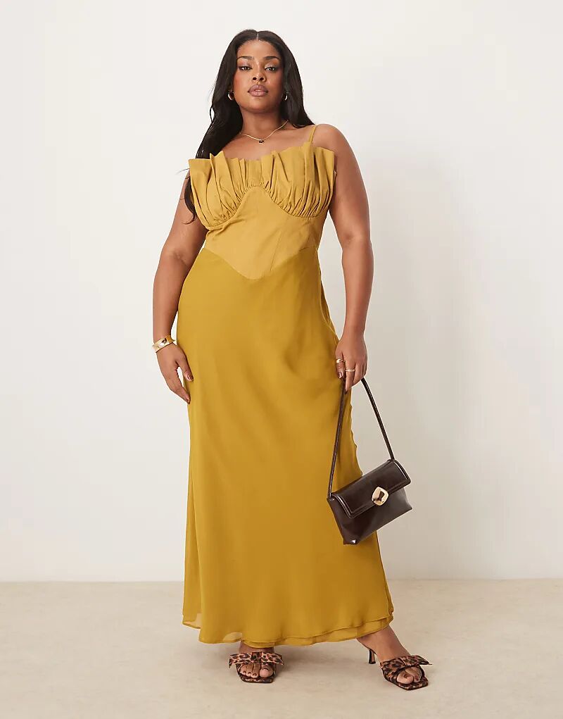 

Платье-комбинация мидакси с корсетом и косой посадкой ASOS DESIGN цвета охры Asos Curve