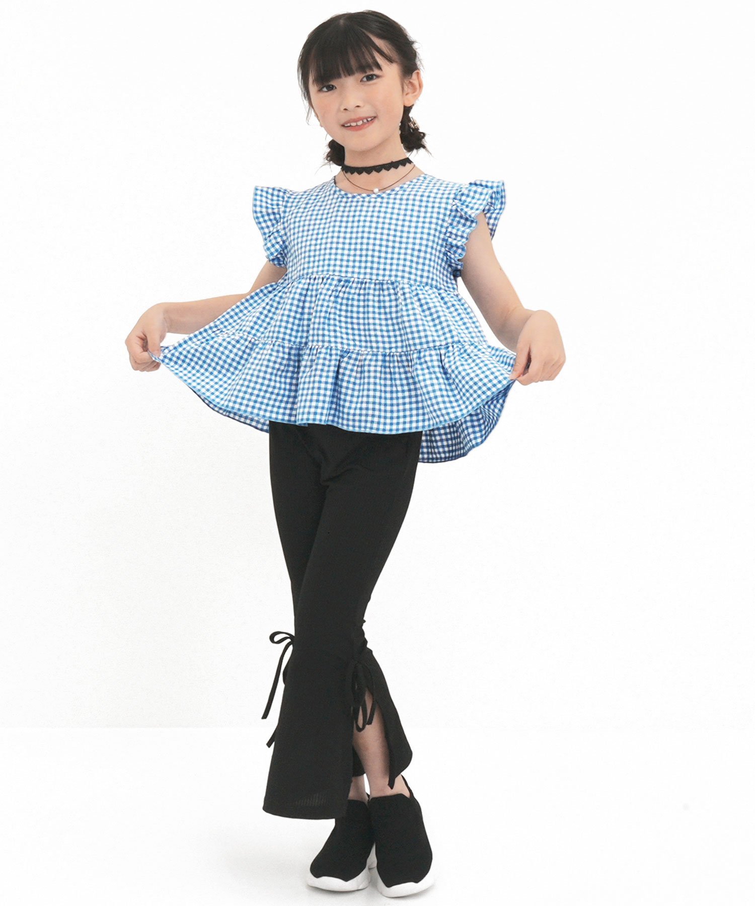 Многоярусный топ без рукавов с оборками для девочек, Пчела Bee, Light blue gingham check