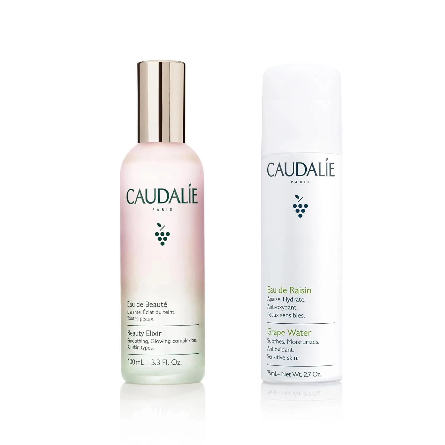 Тонизирующий спрей для лица Caudalie Beauty Elixir и увлажняющий и успокаивающий спрей для лица Grape Water в дорожном формате, green