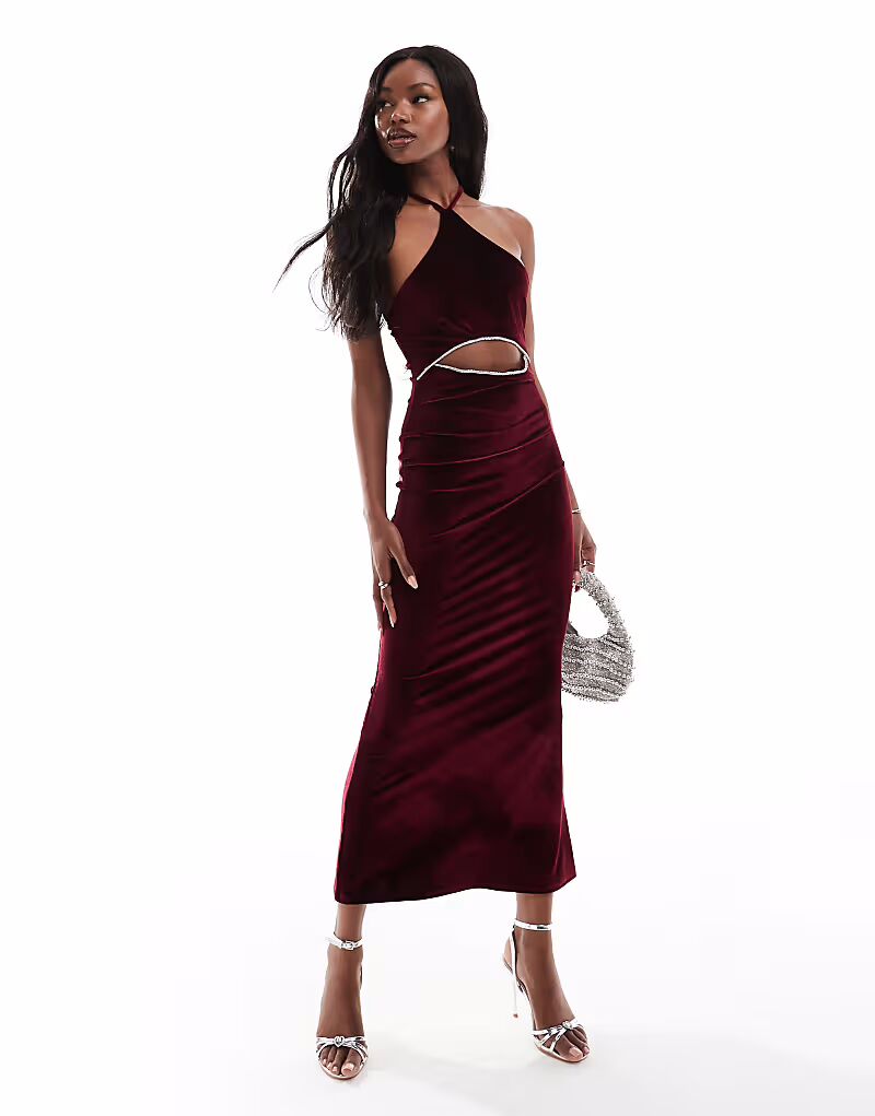 

Платье миди из бархата ASOS DESIGN с перекрещивающимися бретелями и отделкой стразами в бордовом цвете