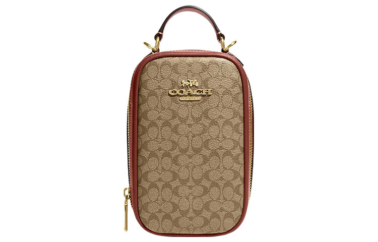 

COACH Кожаный чехол для телефона Сумка через плечо Миниатюрная женская сумка в цвете хаки и терракоты