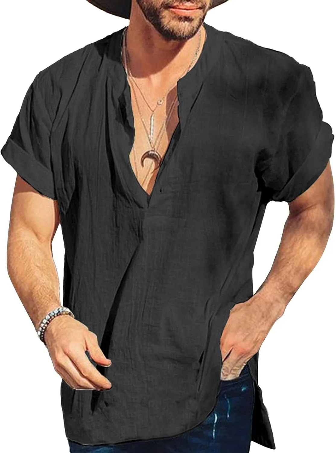 

Мужская льняная футболка с V-образным вырезом и коротким рукавом SWJGLITTR