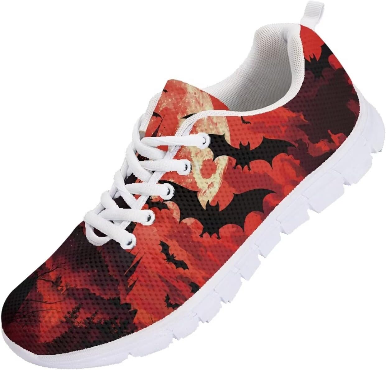 

Кроссовки Forchrinse на Хэллоуин для женщин и мужчин, дышащие, с шнуровкой, для прогулок, повседневные сетчатые, противоскользящие теннисные туфли, Halloween Bats Print