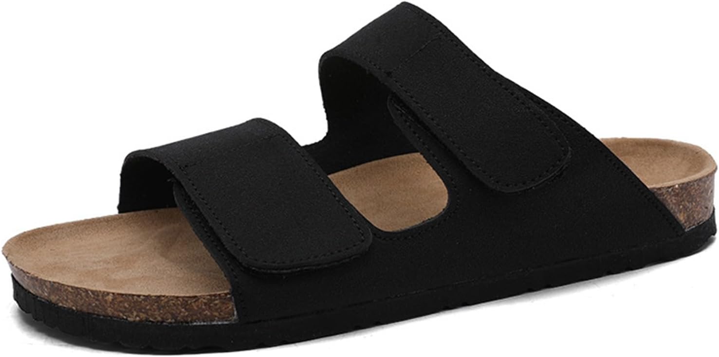 

Тапочки GHYUBYER для мужчин, летние пляжные с открытым носком, мужские сандалии с кожей из коровьей замши на скользящей подошве, 2 регулируемых ремешка с пряжкой (Цвет: черный, Размер: 39 EU)