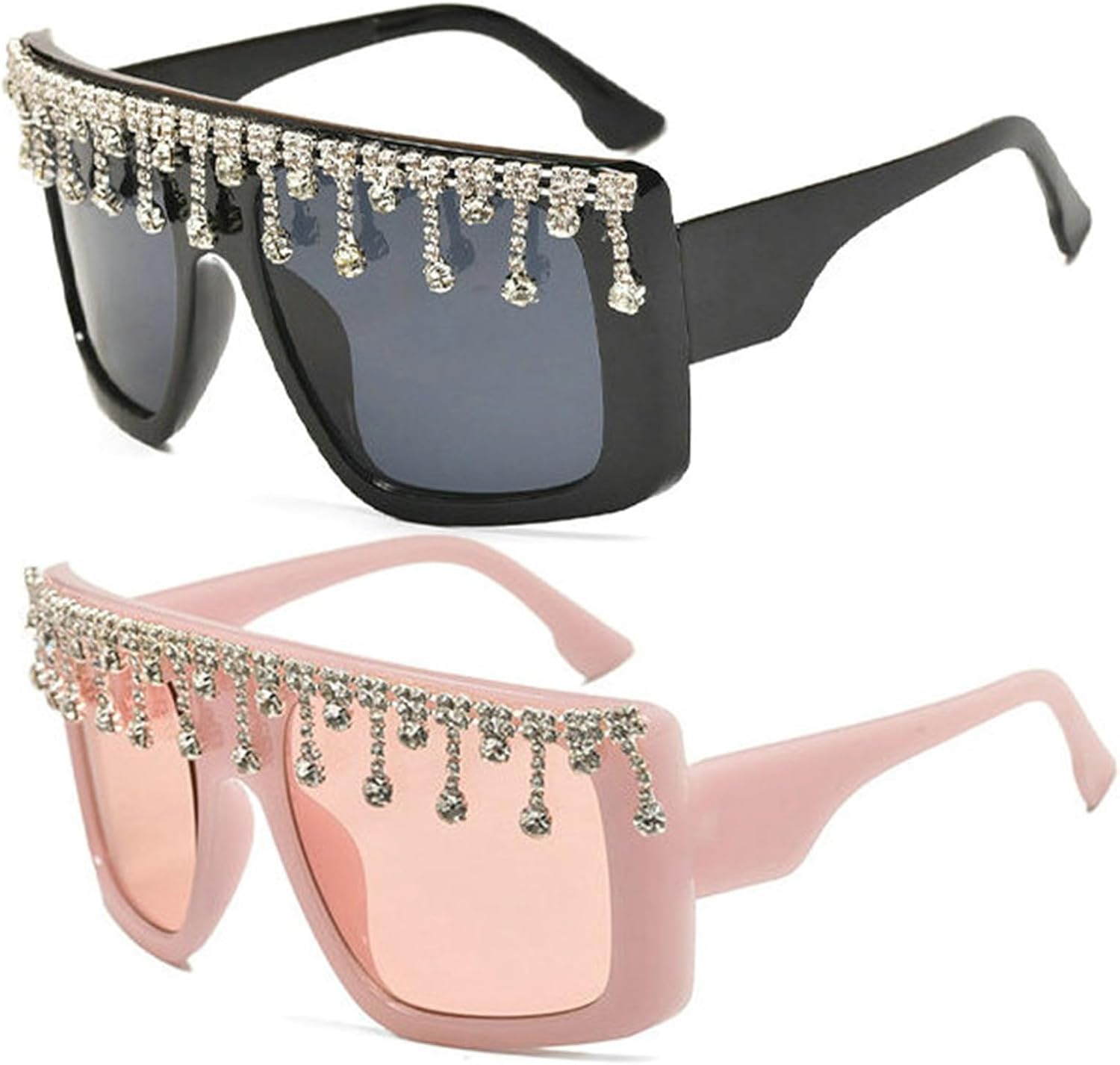 

Солнцезащитные очки Willochra Oversized Shield Sport с кристаллами для женщин и мужчин, с плоской верхней частью, цельные, с бриллиантами, для вечеринок, 2pcs-black&pink