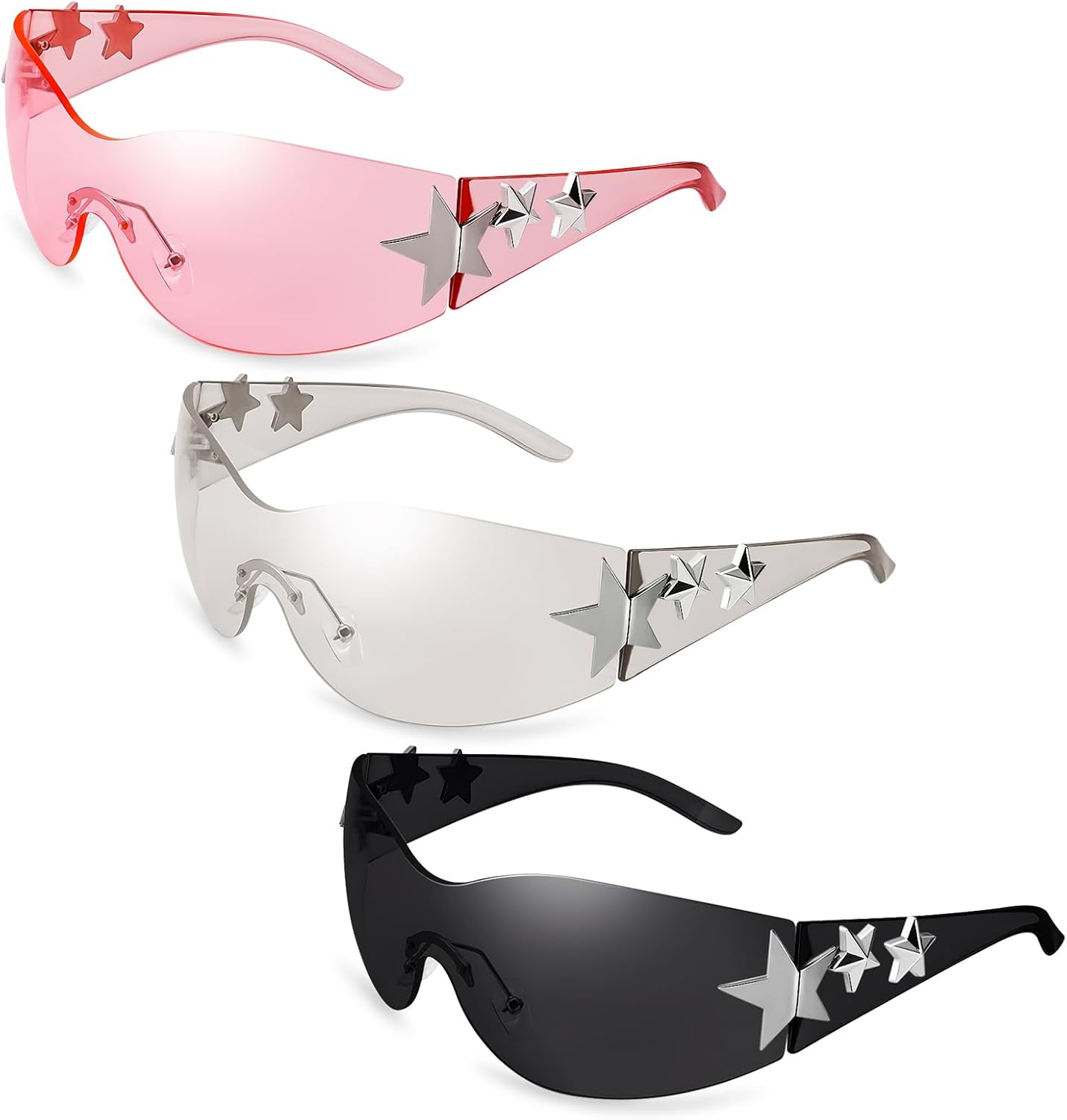 

3 пары солнцезащитных очков Y2K для женщин и мужчин, модные солнцезащитные очки-щитки с обтекаемой формой, большие модные безрамочные очки Ovveroche, Black, Silver,pink