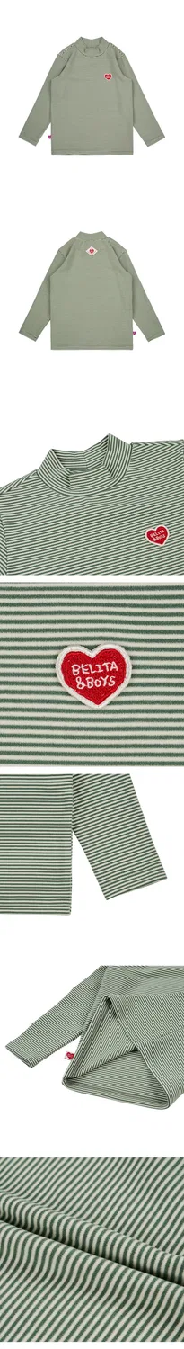 Детская футболка с высоким воротником в полоску с сердечками Bb зелёного цвета от Belita&Boys — фото 4