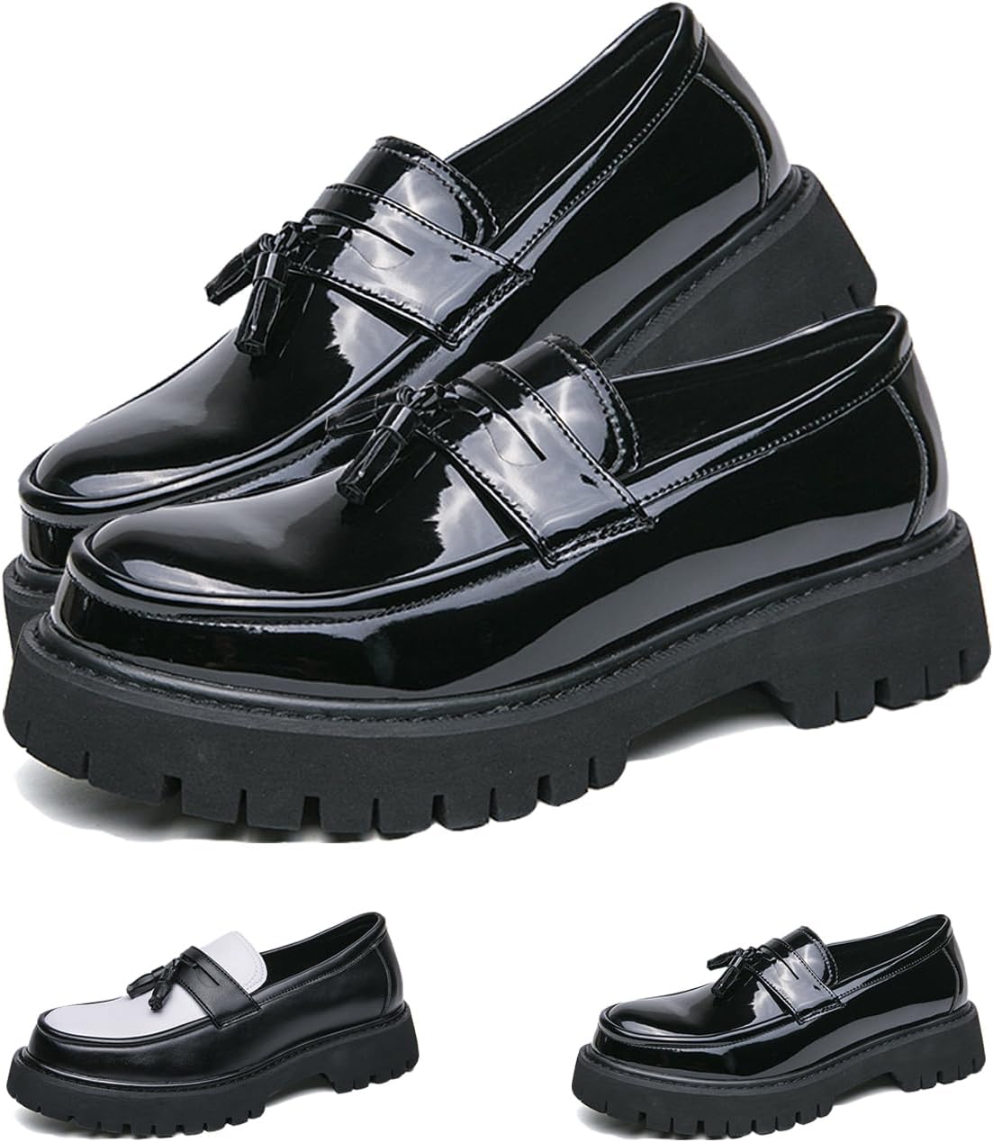 

Мужские кожаные лоферы на платформе с кисточками, без застежки, противоскользящие, низкие, с круглым носком, массивной подошвой, повседневные офисные и туфли Generic, черный