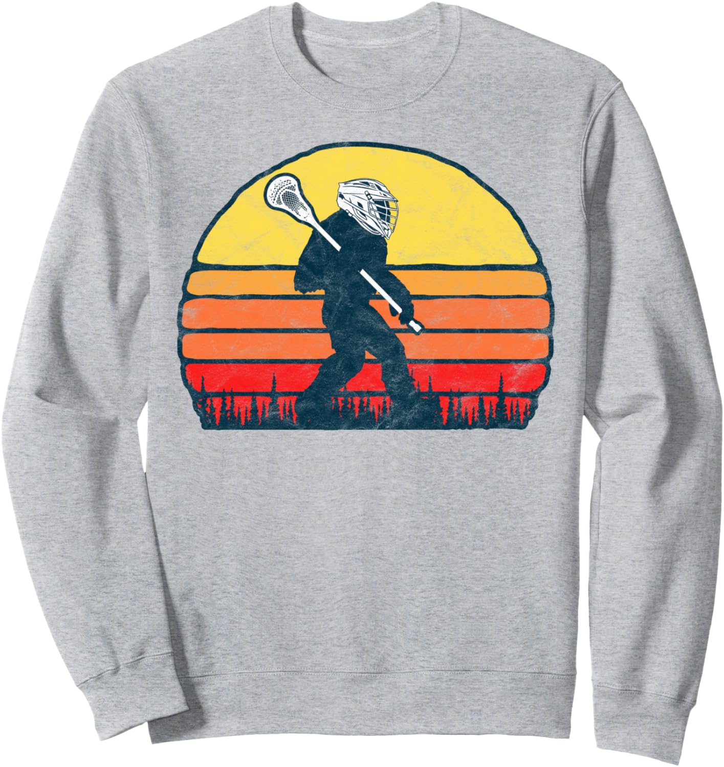 

Забавная толстовка с изображением Сасквоча, Бигфута и лакросса в стиле ретро 80-х годов с закатом Vintage Lacrosse Threads Co., серый