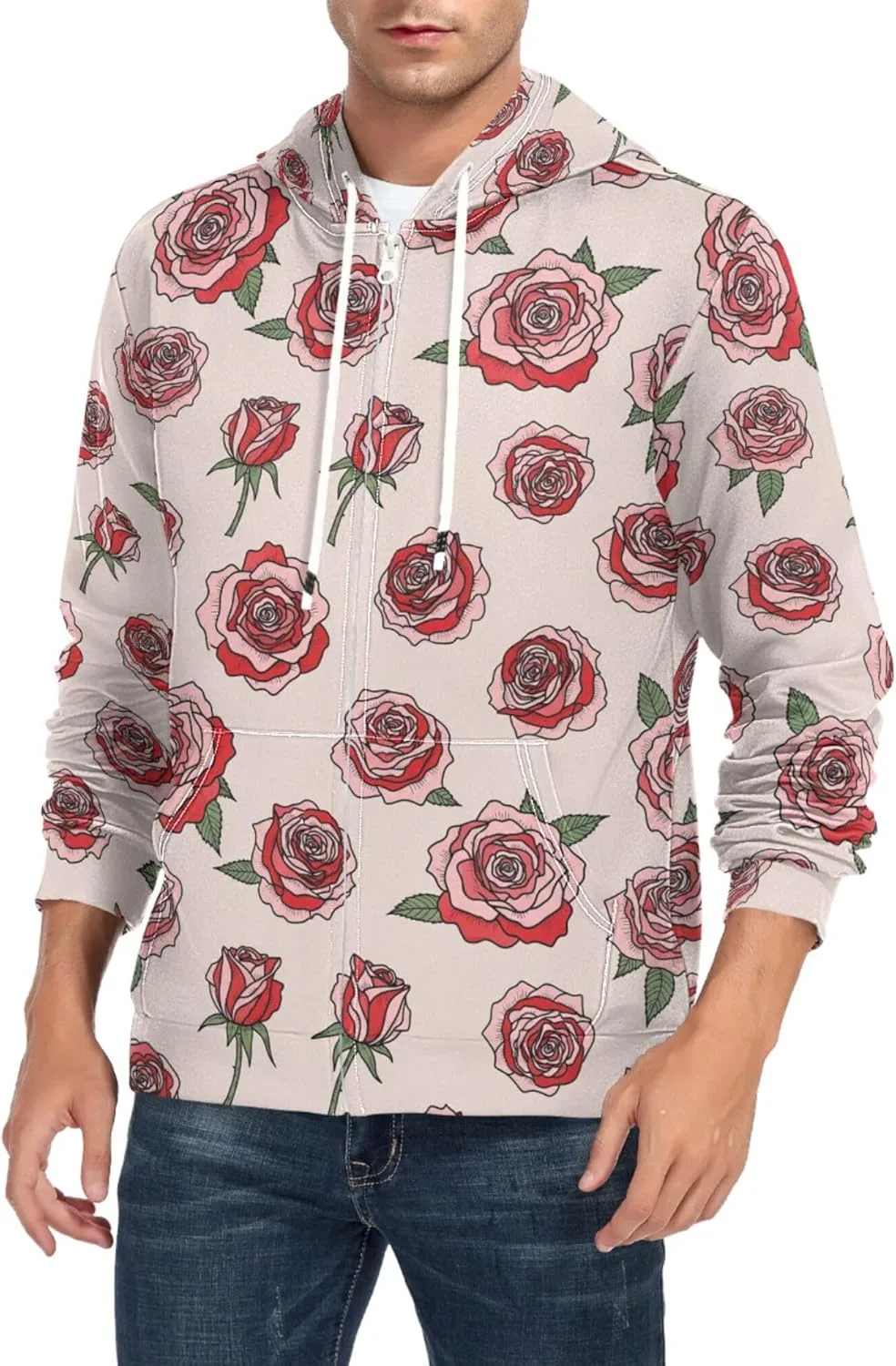 

Мужской худи на молнии с принтом роз и карманом CUPADA