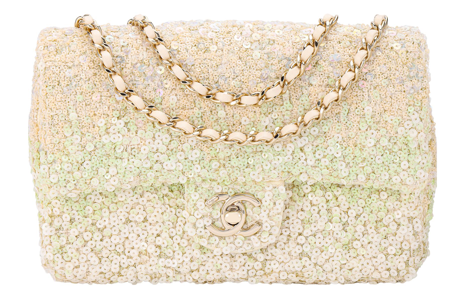 

CHANEL Металлический клатч на цепочке через плечо миниатюрный женский светло-зеленый с белым