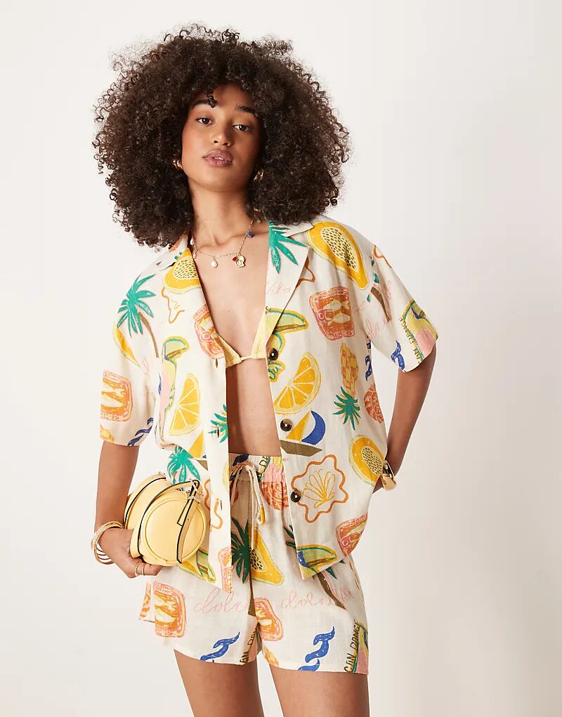 

Рубашка ASOS DESIGN из льняной смеси с короткими рукавами и тропическим принтом