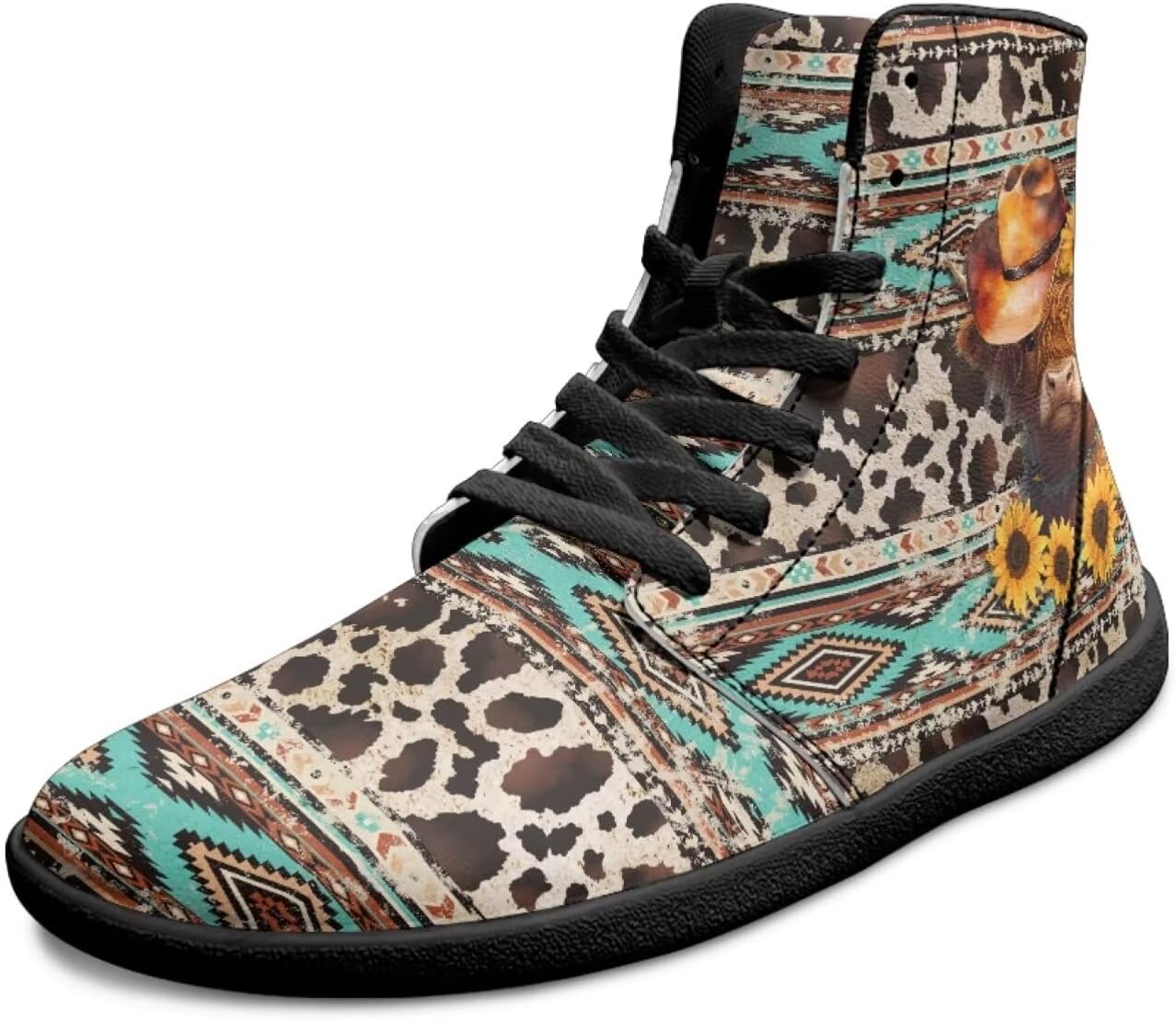 

Мужские туфли с высоким верхом, широким носком, шнуровкой, противоскользящие кроссовки с нулевым уклоном для ходьбы и бега Xixirimido, Aztec Sunflower Highland Cow
