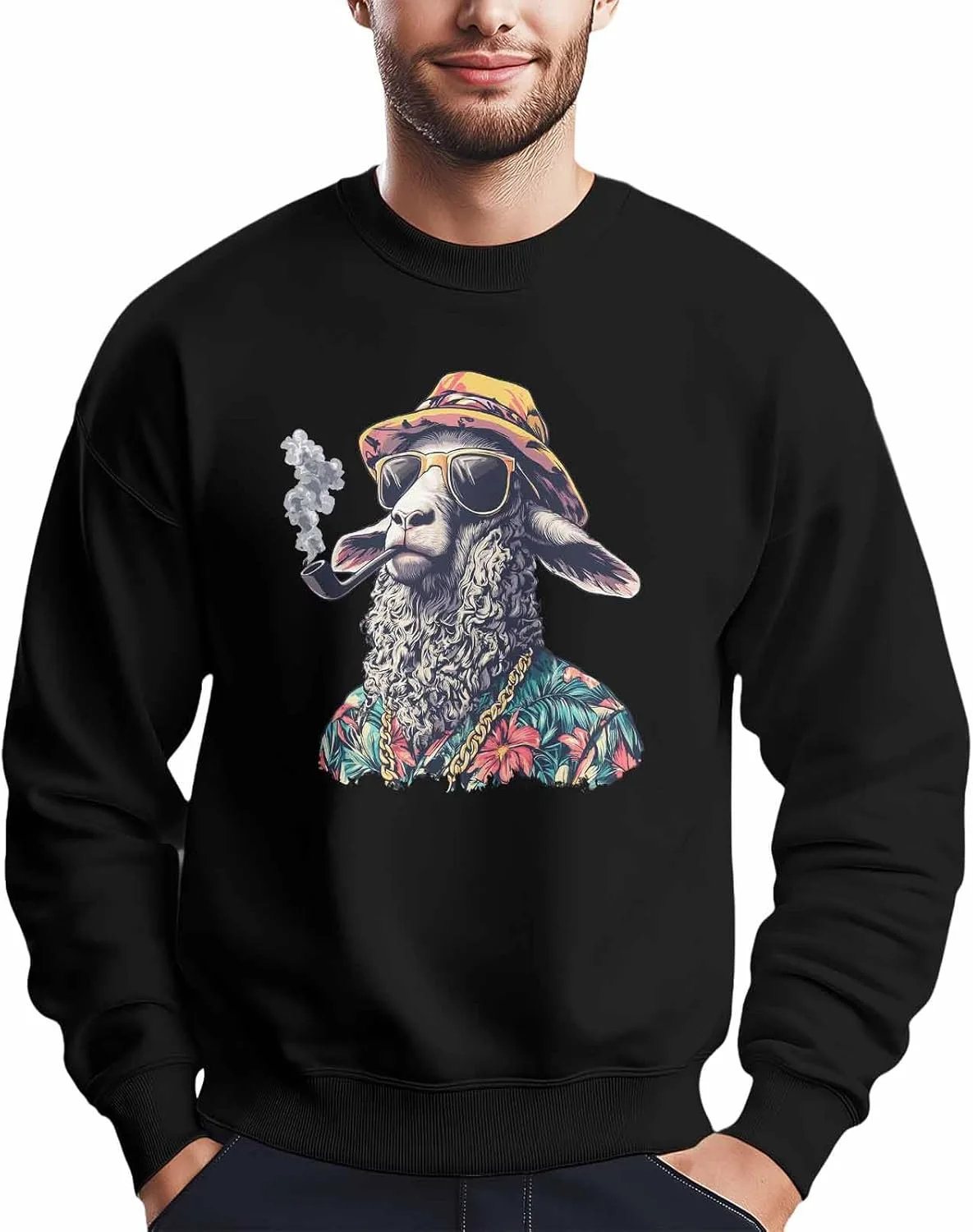 

Мужской свитшот с принтом Funny Smoking Goat with Hat, лонгслив Winvebermior