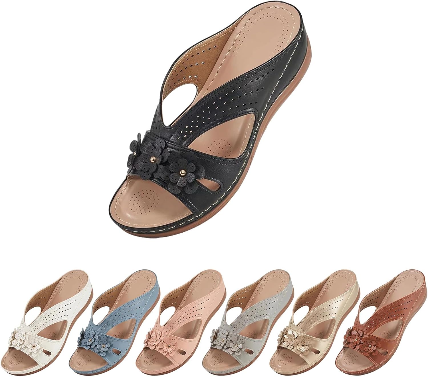 

Женские ортопедические сандалии ZWRXW с вырезами, дышащие на платформе, на танкетке, слайд-сандалии, легкие летние комфортные сандалии с цветочным украшением, черный